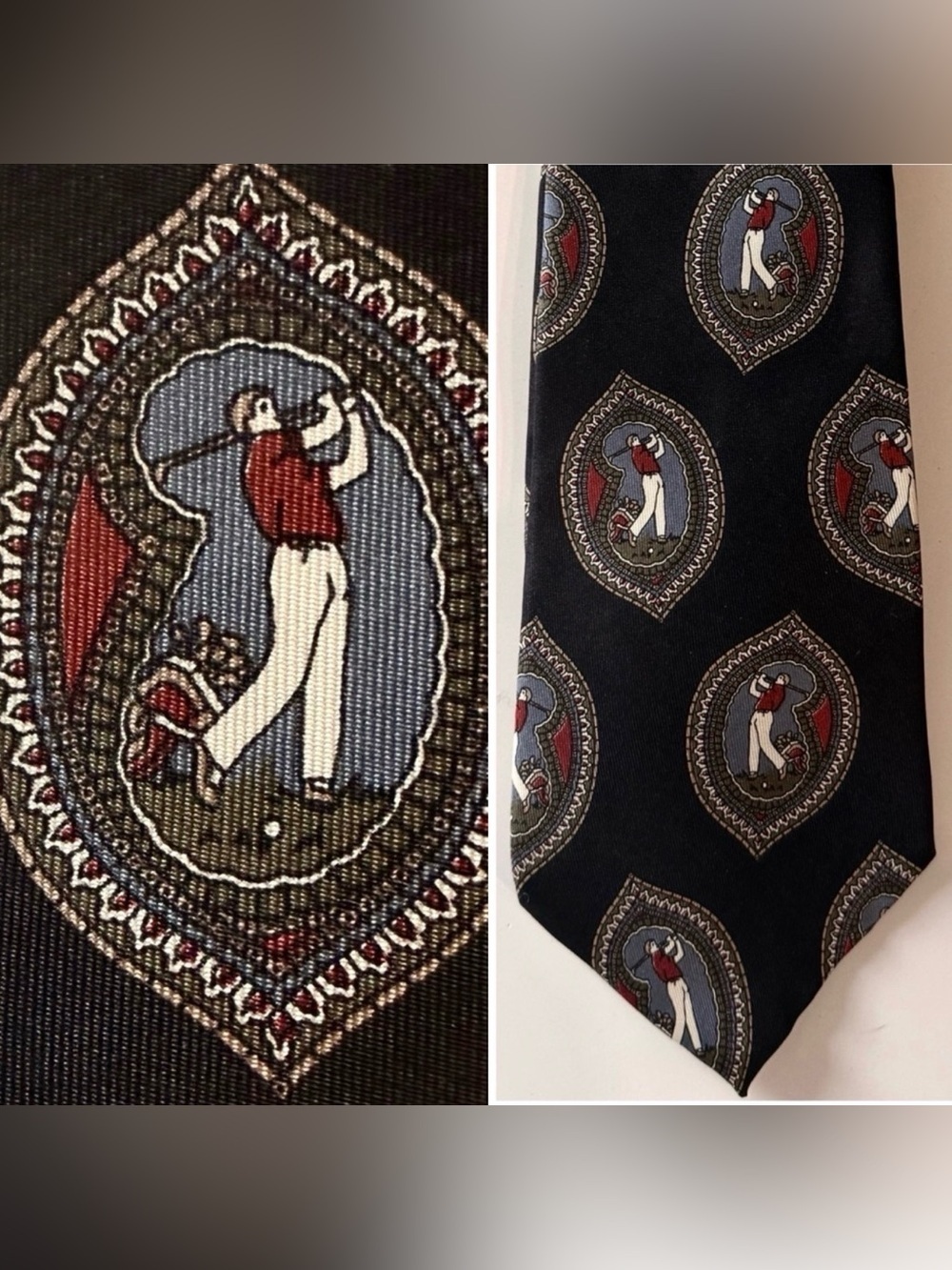 Vintage golfer necktie. Navy, red blue- 70s